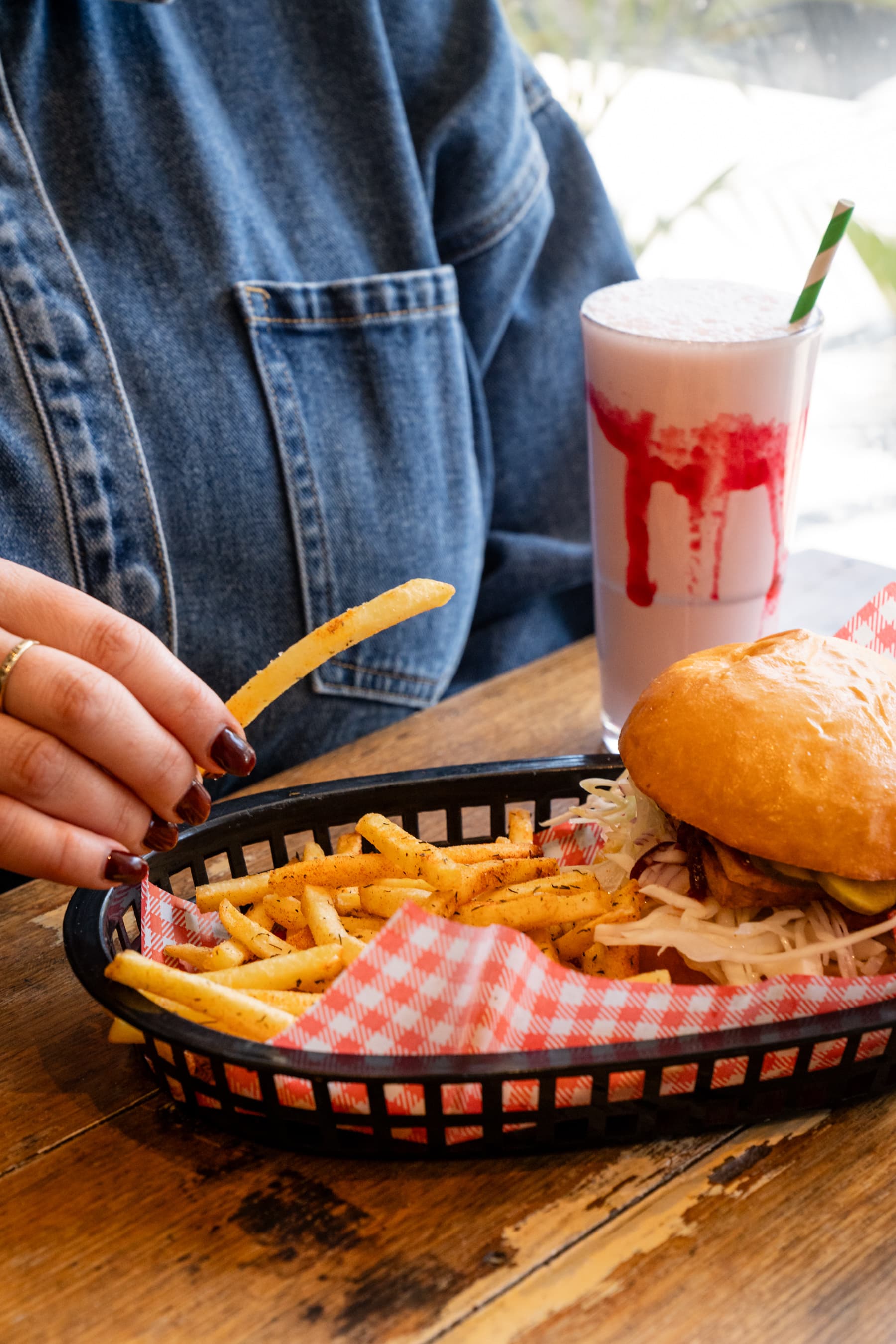 Burger, chips and strawberry milkshake at Little Hendrix Cafe